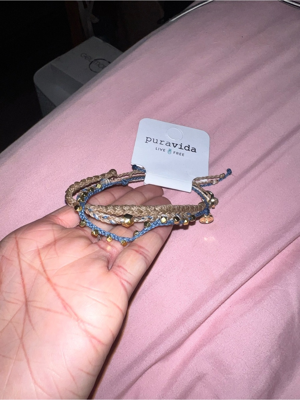 Pura Vida Tan and Blue Braided Beaded Bracelet Set with Gold Accents
